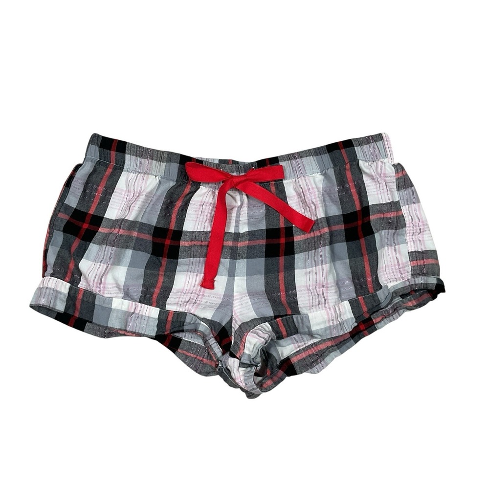 Victoria's Secret Plaid Pajama Shorts Medium Black Pink Red Lurex Sleepwear Cozy